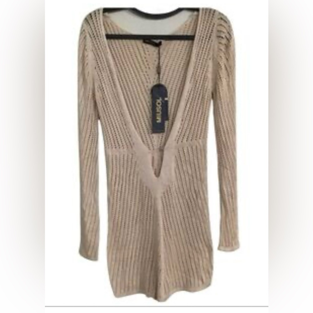 NWT Miusol knit nude color long sleeve mini cover up Plunge neck hobo BoHo sz L